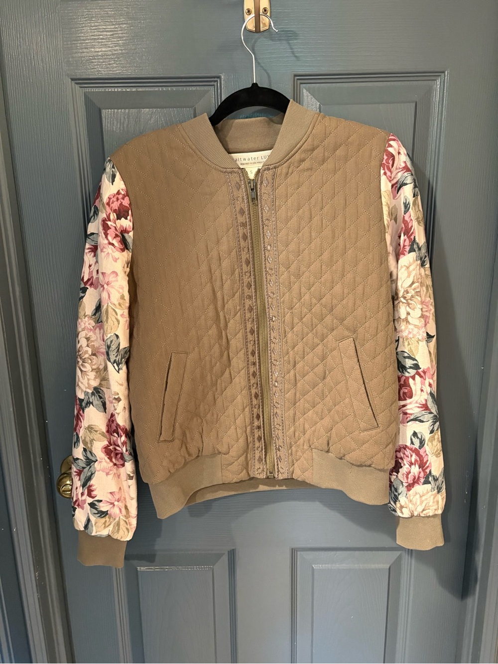 Quilted Bomber Jacket with Floral Sleeves - sz s